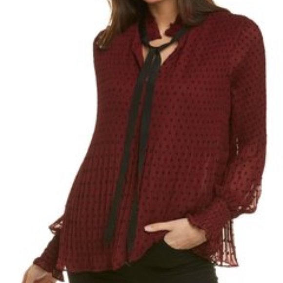 Max Studio Pleated Swiss Dot Burgundy Necktie Blouse, S - Picture 4 of 15